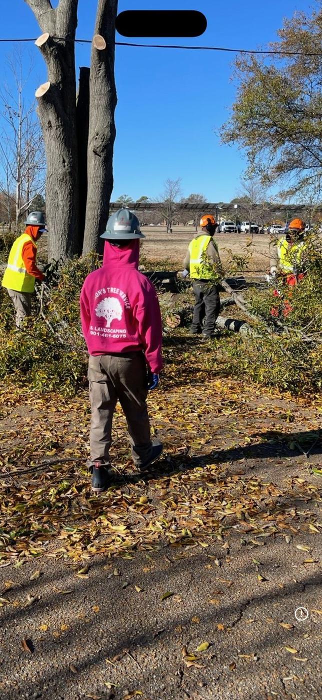 Storm cleanup crew in Aaron&rsquo;s colors — Aaron&rsquo;s Tree Service, Mid-South